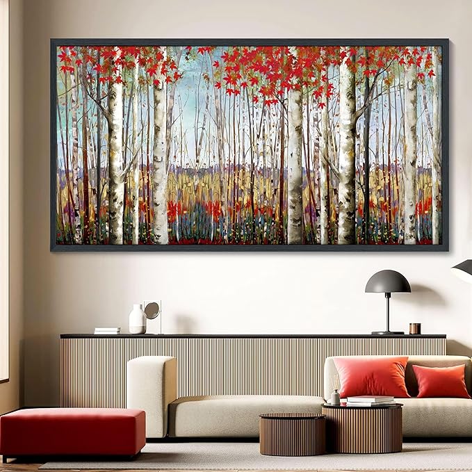Large Framed Wall Art for Living Room Bedroom Modern Wall Decor of Red Leaves White Birch Tree Forest Giclee Painting Artwork Wall Decoration 29x58 Large Size Black Framed