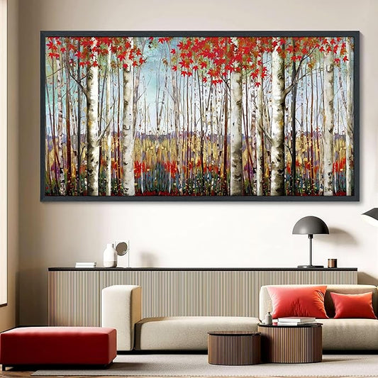 Large Framed Wall Art for Living Room Bedroom Modern Wall Decor of Red Leaves White Birch Tree Forest Giclee Painting Artwork Wall Decoration 29x58 Large Size Black Framed