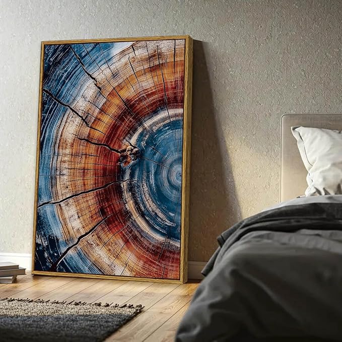 BingruiArt Large Framed Tree Ring Wall Art Wood Canvas Colorful Boho Wall Decor Rustic Artwork Abstract Painting Farmhouse Picture Nature Print for Living Room Bedroom Bathroom 24"x36" Natural Framed(01)