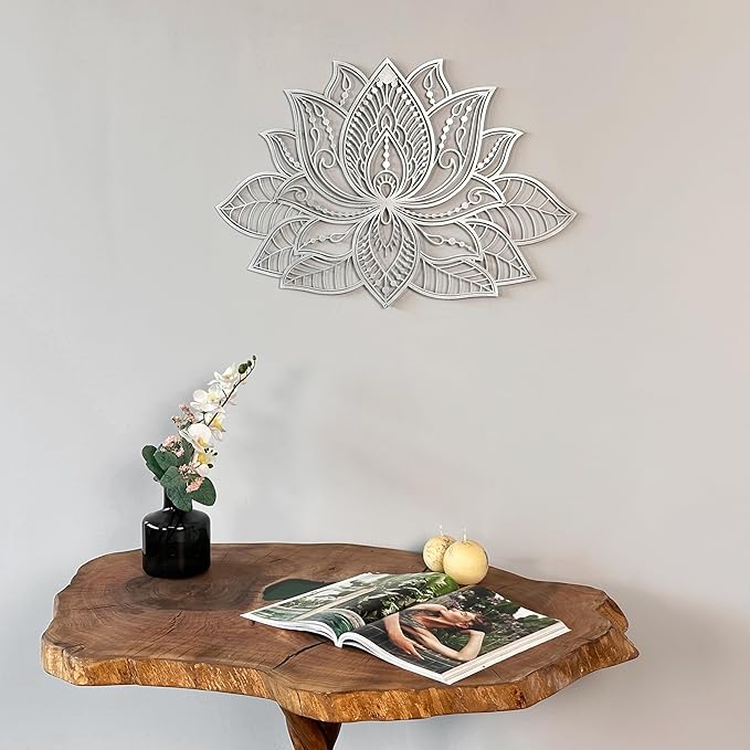 Colorfull Worlds Mandala Metal Wall Decor, Lotus Flower Meditation Room Decor, Minimalist Zen Garden Bohemian Gift for New Year (36" x 23" | 91 x 59 cm, Silver)