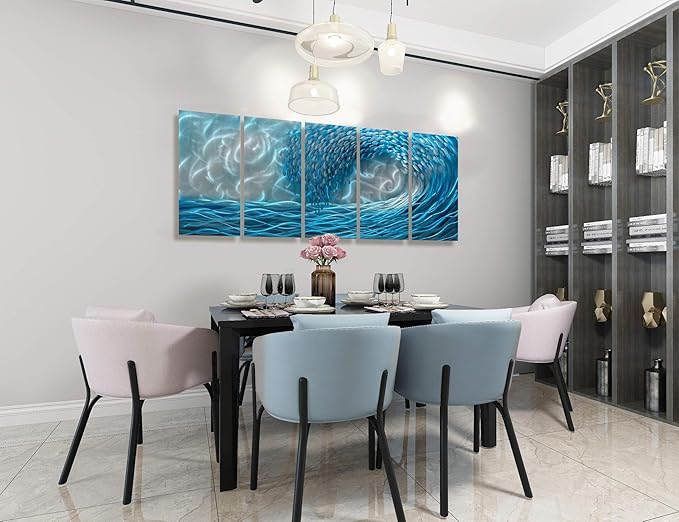 BATRENDY ARTS Blue Waves Metal Wall Art 3D Beach Ocean Hanging Scuplture Hand Polished Aluminium Painting for Living Room Bedroom Decor Ready to Hang