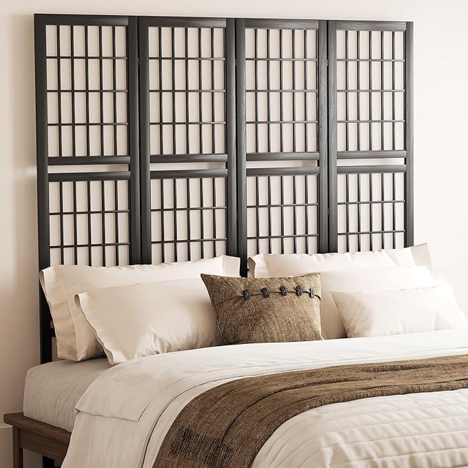 5.6FT Room Divider and Folding Portable Partition Screen, Chinese Japanese Shoji Style with Three Display Shelves for Room Separation - 4 Panel (Black)