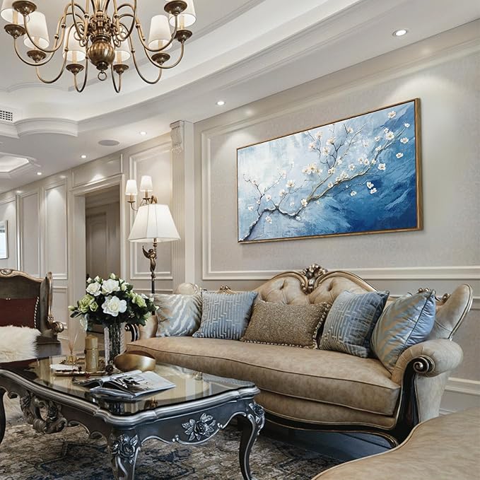 Nicetop Framed Wall Art for Living Room - Large Plum Blossom Canvas Art Prints with Wood Frame - Blue and White Artwork Abstract Ocean Wall Picture Bedroom Office Dining Room Coastal Decor 48x24 Inch