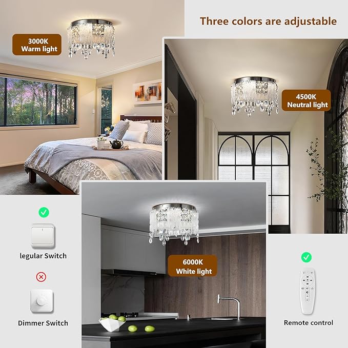 Modern Crystal Chandelier Chrome Round Semi Flush Mount Ceiling Light Fixture,Dimmable LED Close to Ceiling Light for Living Room, Bedroom, Hallway, Dining Room, Hallway Entryway Kitchen