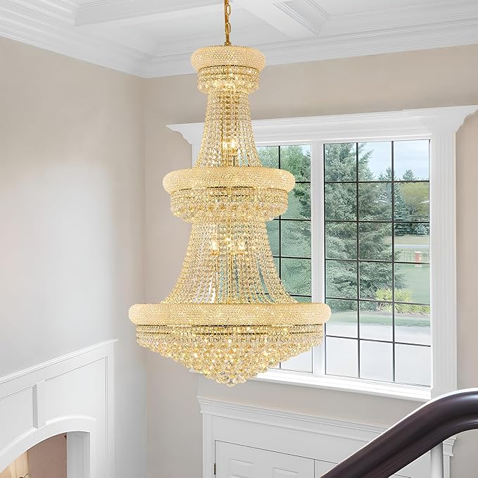 31 Lights Gold Finish Large Empire Crystal Chandelier - Three-Tier, High Ceiling Chandelier Light fixtures for Foyer Staircase Living Room Entryway (Dia 32'')