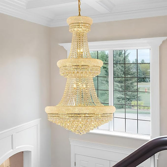 31 Lights Gold Finish Large Empire Crystal Chandelier - Three-Tier, High Ceiling Chandelier Light fixtures for Foyer Staircase Living Room Entryway (Dia 32'')