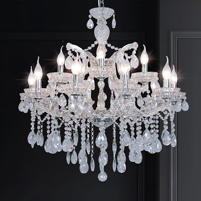 Modern Chrome Chandelier Light Fixture - Luxurious Maria Theresa Crystal Chandeliers for Dining Room, Kitchen Island, Living Room, Staircase, 15 Lights, 2 Layers