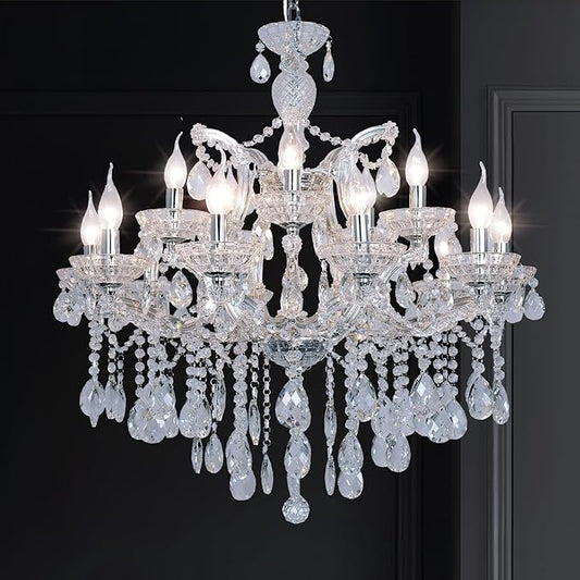 Modern Chrome Chandelier Light Fixture - Luxurious Maria Theresa Crystal Chandeliers for Dining Room, Kitchen Island, Living Room, Staircase, 15 Lights, 2 Layers