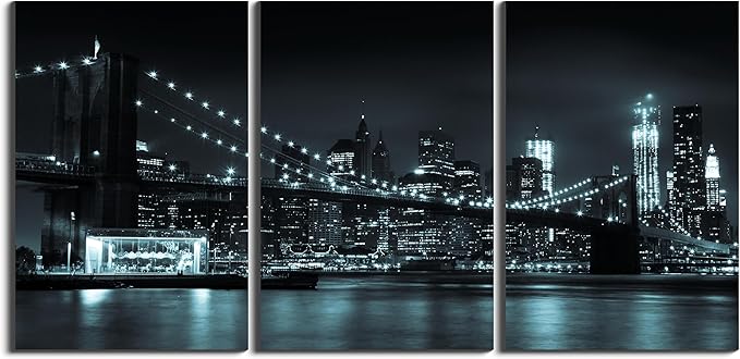 NAN Wind 3 Pcs Wall Art Brooklyn Bridge Black Canvas Art Paintings For Room Decor Manhattan Skyline Cityscape New York Skyscrapers Picture Prints On Canvas For Home Decor Modern Giclee Framed