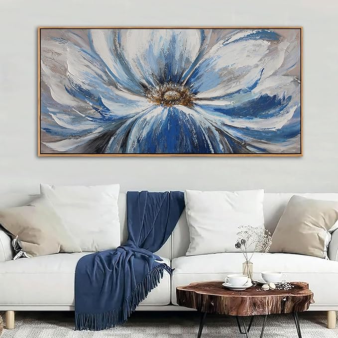 Blue Wall Art for Living Room Large White Flower Picture Wall Decor Canvas Art Wall Artwork Pictures for Bedroom Wall Decor Size 24x48(With Soild Wood Dark Framed)