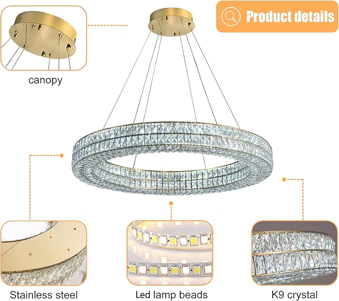 Led Ring Crystal Chandelier for Living Room, Modern Dimmable Chandeliers Lighting and Hanging Adjustable, LED Round Ceiling Chandelier for Dining Room (40inch,Gold)