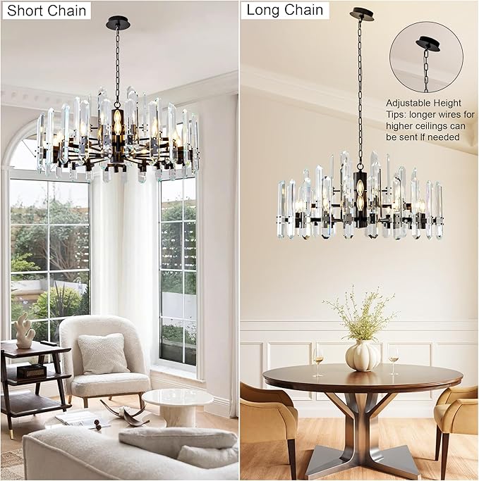 36" Luxury Black Crystal Chandelier, 16-Light Round Modern Chandelier for Dining Room, Adjustable Chain Chandelier Pendant Light Fixture for Living Room, Bedroom, Kitchen Island, Foyer, Entryway