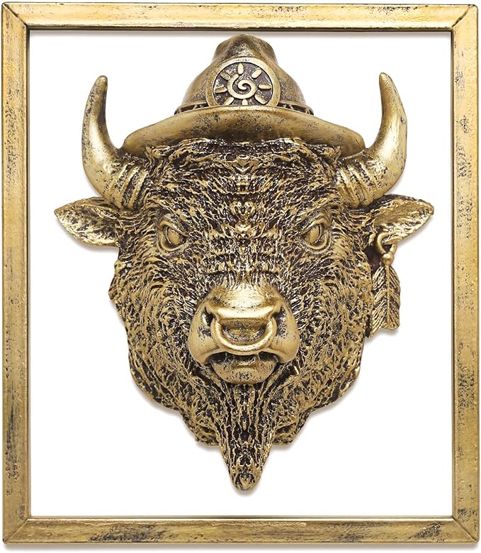 Newinhome Animal Heads Wall Decor (Includes Metal Frame) Resin Animals Sculptures Head Wall Hanging Decoration Gold vintage Wall Sculpture for Living Room Bedroom Office (American Bison)