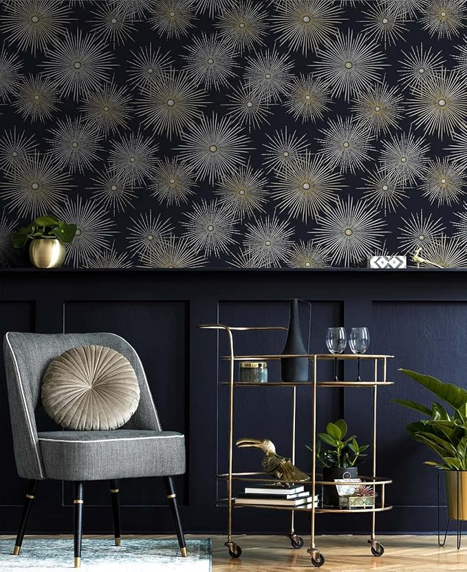 NextWall Star Burst Geo Mid Century Peel and Stick Wallpaper (Midnight Blue & Metallic Gold)