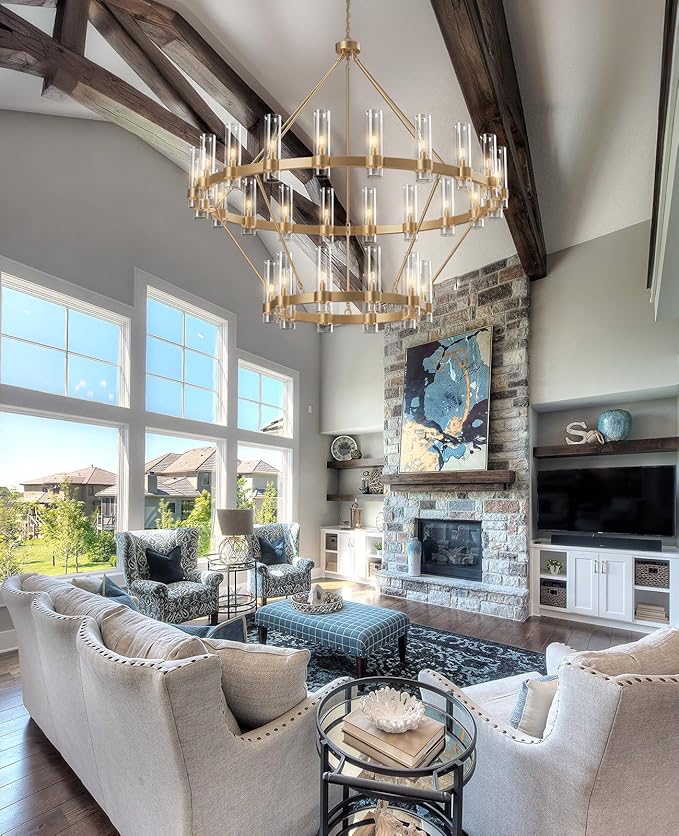 60" Gold Chandelier, 2 Tier Wagon Wheel Chandelier with Glass Shade, 30-Lights Large Round Modern Farmhouse High Ceilings Pendant Lighting Fixture for Dining Room, Living Room, Kitchen, Foyer