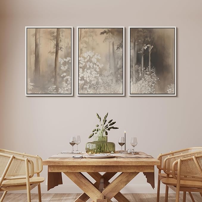MUDECOR Framed Wall Art Print Set Neutral Forest Landscape Beige and Gray Watercolor Illustrations Realism Decorative for Living Room, Bedroom, Office - 16"x24"x3 White