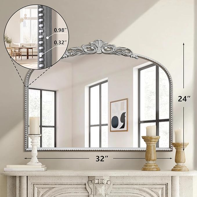 Micasso Vintage Wall Silver Mirror: 24" x 32" French Baroque Antique Mirror - Traditional Ornate Decorative Arched Mirrors for Wall/Bathroom/Entryway/Fireplace/Hallway - Home Decor for Living Room