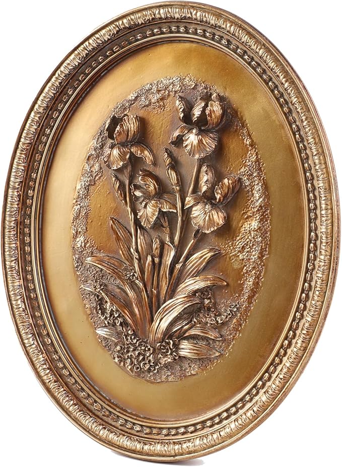 Kangce Vintage Wall Sculptures,Antique Wall Art with Hand-Carved Iris Pattern, Victorian Home Decor,for Living Room, Bedroom,Hallway Gallery,Oval,Bronze