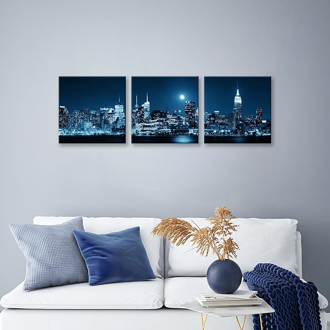 NAN Wind 3-Piece Modern Manhattan Night Skyline Canvas Art Blue Moon Urban Cityscape Wall Decor Contemporary NYC-Inspired Night View Panoramic Prints Framed City Canvas Set for Home Office Living Room