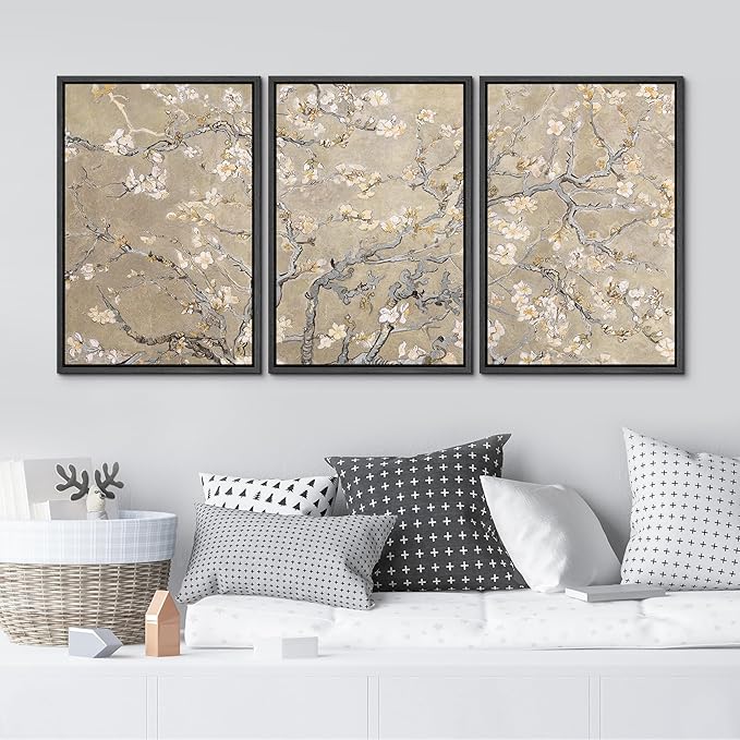 MUDECOR Framed Canvas Print Wall Art Blossoming Branches Vintage Floral Illustrations Realism Decorative for Living Room, Bedroom, Office - 24"x36"x3 Black