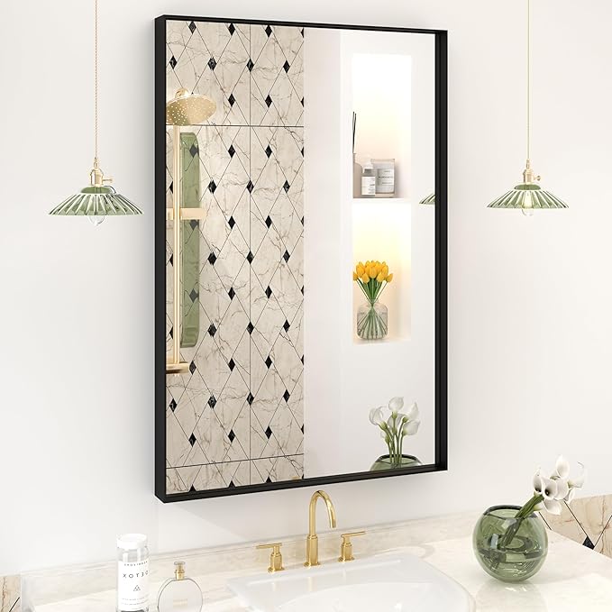 24x36 Inch Black Metal Bathroom Vanity Mirror for Wall, Black Matte Framed Rectangular Mirror, Anti-Rust, Square Corner, Hangs Vertically or Horizontally