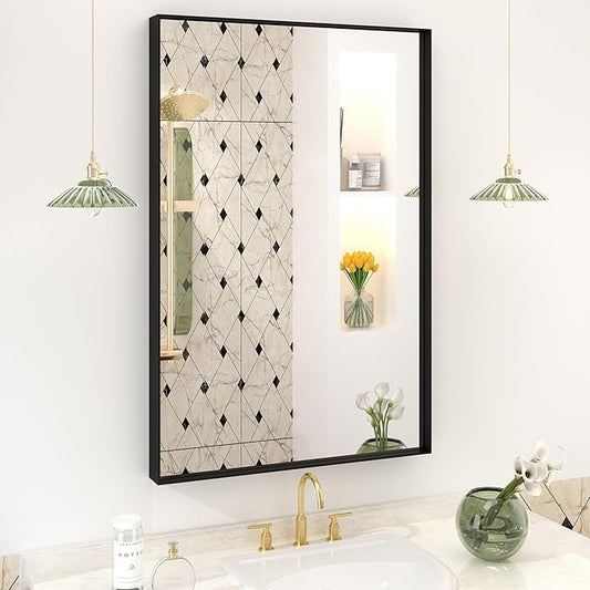 24x36 Inch Black Metal Bathroom Vanity Mirror for Wall, Black Matte Framed Rectangular Mirror, Anti-Rust, Square Corner, Hangs Vertically or Horizontally