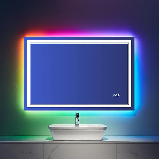 40x32 inch LED Bathroom Mirror with RGB Lights Color Changing Backlit Mirror Shatterproof Dimmable Anti-Fog Lighted Vanity Mirror (RGB Multicolor Backlit + Adjustable Front-Lighted)