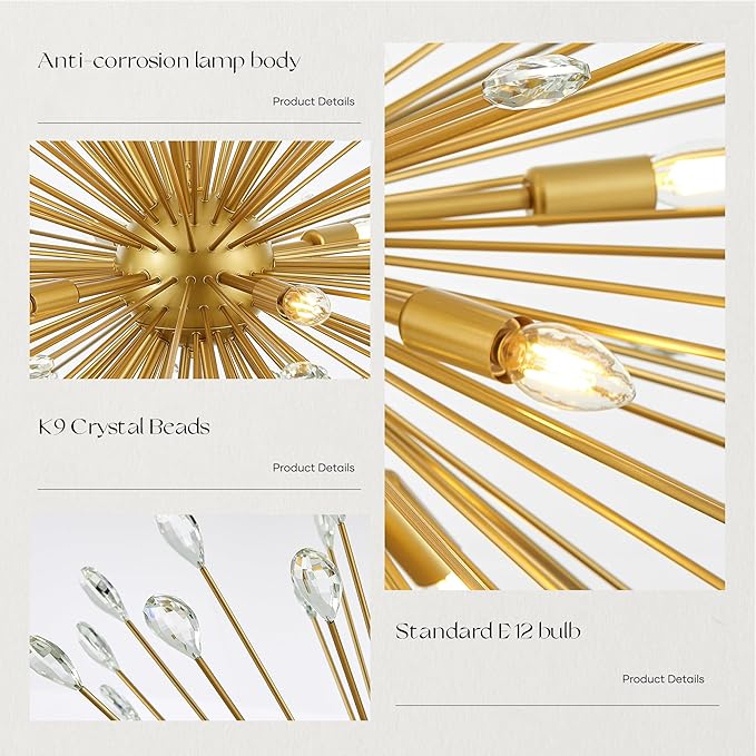 18-Light Gold Sputnik Chandeliers, 41" Starburst Firework Pendant Light fixtures, Mid-Century Modern Satellite Ceiling Lights for Dining Room, Kitchen, Bedroom, Living Room, E12