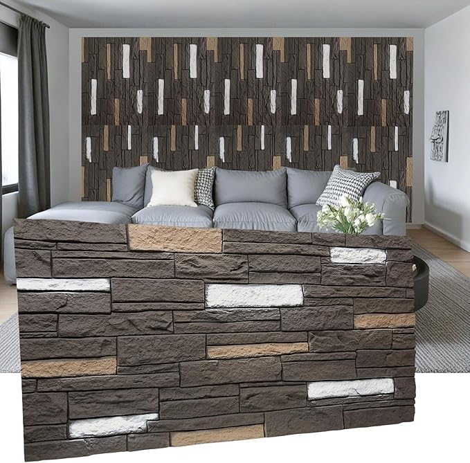 OUZUGIE 4 PCS Faux Stone Wall Panel 47.2’’ x 23.6’’ Interior Exterior Wall Decor 3D PU Panel with Brick Stone Design Iron Gray