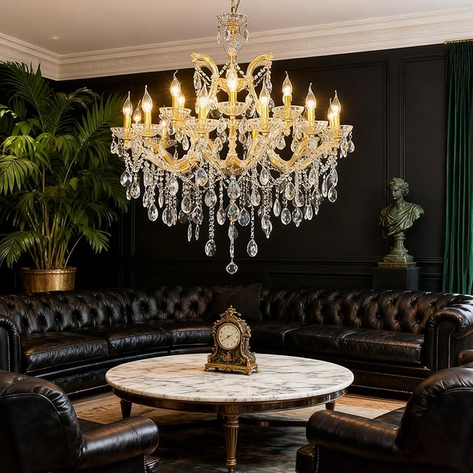 Large High Ceiling Designer Chandelier Modern Maria Theresa Crystals Gold Chandeliers Luxurious Pendant Hanging Lamp for Foyer, Dining Room, Staircase, Lobby, Living Room, 18 Lights, 2 Layers