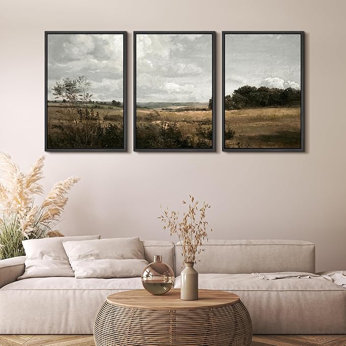 MUDECOR Framed Canvas Print Wall Art Rustic Fields Tranquil Countryside Landscape Nature Wilderness Illustrations Realism Decorative Panoramic Earth for Living Room, Bedroom, Office - 16"x24"x3 Black
