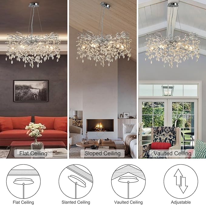 30" Silver Crystal Chandelier, 10-Light Tree Branch Chandelier for Dining Room, Modern Round Chandeliers for Living Room, Foyer, Entryway, Bedroom, Kitchen, Luxury K9 Crystal Raindrop Light Fixture