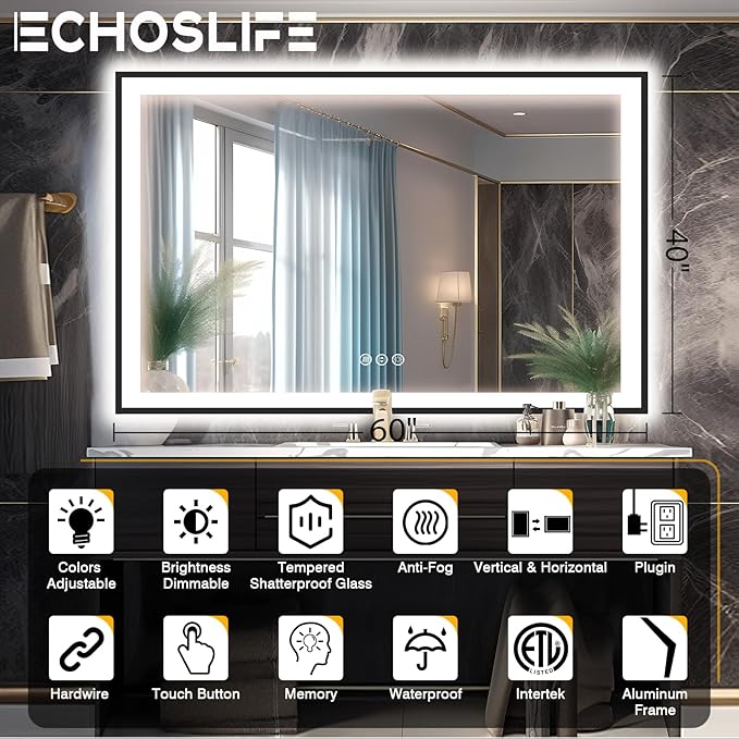 60x40 LED Mirror for Bathroom - Matte Black Framed, Anti-Fog Vanity Mirror with Lights, Stepless Dimmable, 3 Colors Smart