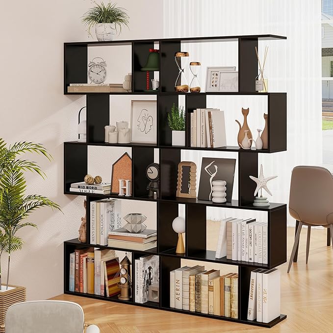5 Tier Geometric Bookcase, S Shaped Bookshelf, Modern Decorative Storage Shelving, Wooden Room Divider Bookcase, 62.5" Tall Staggered Display Book Shelf for Living Room (2, Black)