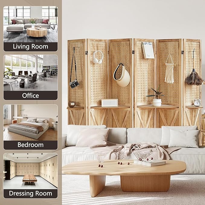6 Panel Pegboard Room Divider with Shelves, Wood Room Divider and Folding Privacy Screen, Peg Board Display Stand Wall Divider for Room Separation for Craft Shows Events Retail, Natural