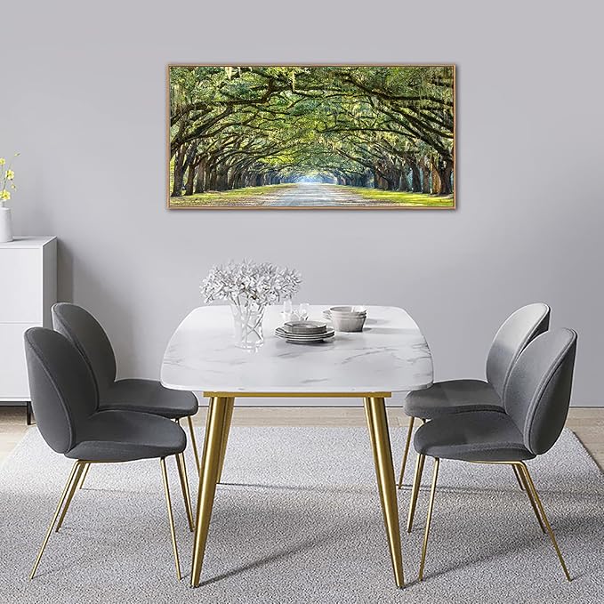 arteWOODS Green Forest Framed Canvas Wall Art Oak Trees Covered Lane Pictures Art Print Green Nature Landscape Artwork Oak Trees Lined Road at Georgia, Natural Wood Frame, Ready to Hang, 20" x 40"