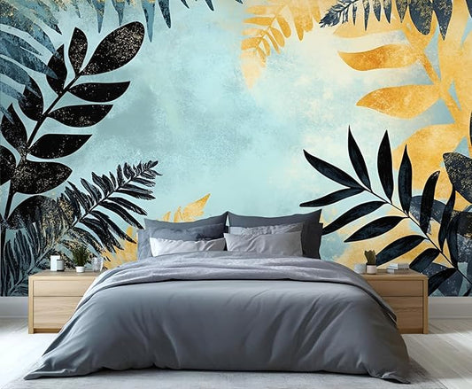 Black Gold Leaf Mural Wallpaper, Cartoon Palm Leaf Murals, 3D Tropical Plants Murals Wallpaper for Living Room Bedroom Tv Background Wall Home Decor Mural (Not Peel Stick)