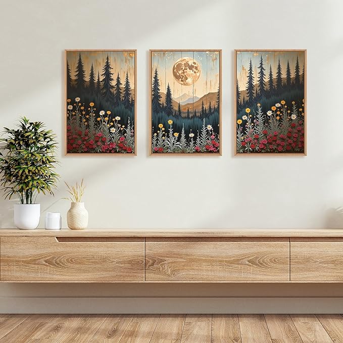 Ausril Vintage Moon Forest Framed Canvas Wall Art Set, Wildflower Forest Mountain Wall Decor, Nature Pine Tree Wall Painting, Colorful Floral Art Prints for Living Room, Bedroom, Office - 24"X36"X3