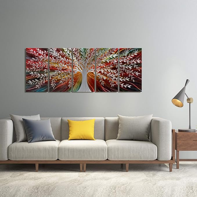 BATRENDY ARTS Silver Willow Metal Tree Wall Art for Livingroom Modern Abstract Colorful Artwork Brown and Red Landscape Home Decor Multi-panels 3D
