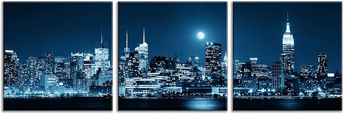 NAN Wind 3-Piece Modern Manhattan Night Skyline Canvas Art Blue Moon Urban Cityscape Wall Decor Contemporary NYC-Inspired Night View Panoramic Prints Framed City Canvas Set for Home Office Living Room
