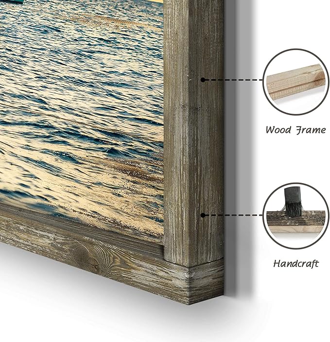 Ocean Framed Wooden Wall Art: Coastal Painting Art 40"x20" Sail Boats Artwork Decor Sunset Seascape Picture Prints for Office