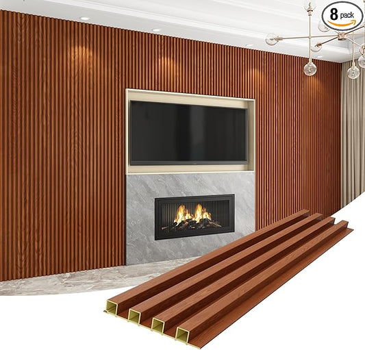 8-Pack WPC Wall Panels 108’’ x 6.1’’ 3D Slat Wall Panel Acoustic Wall Paneling for Interior Wall Decor TV Background Kitchen Bedroom Teak