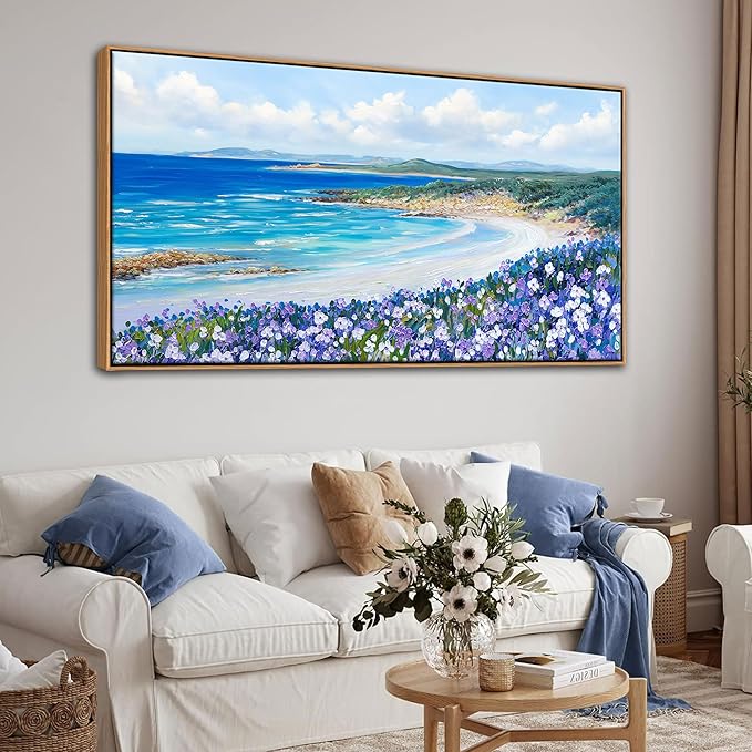 Mofutinpo Coastal Beach Wall Art Large Purple Flower Landscape Canvas Wall Art for Living Room & Bedroom Decor, Framed Blue Beach Pictures & Paintings for Walls,Ocean Artwork for Home & Office 20x40IN
