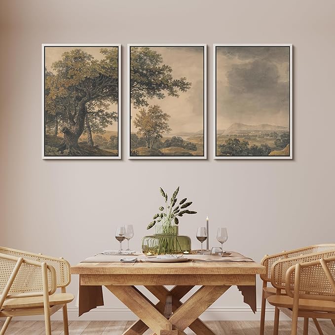 MUDECOR Framed Wall Art Print Set Vintage Landscape Rustic Tree and Mountain View Illustrations Decorative Colorful for Living Room, Bedroom, Office - 24"x36"x3 White