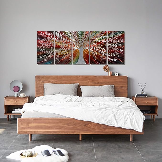 BATRENDY ARTS Coloful Metal Tree Wall Art Brown Red Artwork Decor Silver Willow Large Hanging Scuplture 5 Panels for Bedroom