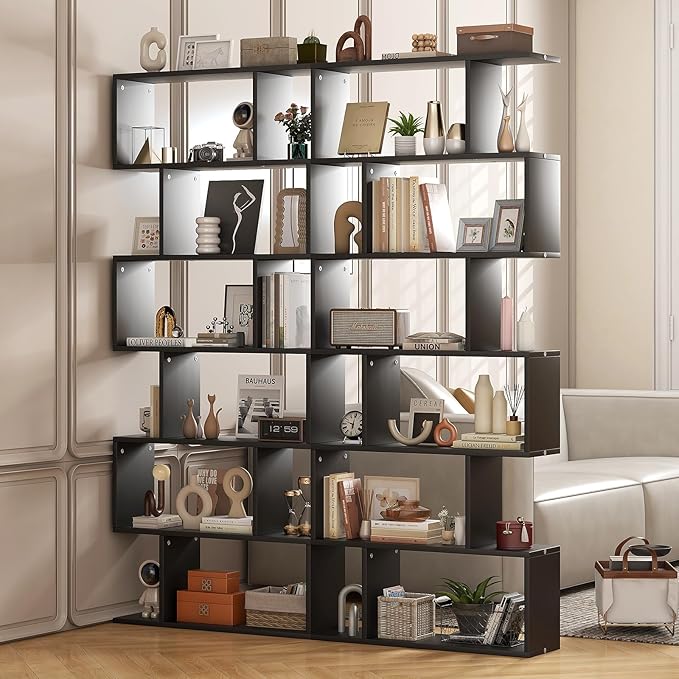 6 Tier Geometric Bookcase, S Shaped Bookshelf, Book Shelf Room Divider, Wood Freestanding Display Shelves, 75 Inch Staggered Bookshelf for Bedroom Living Room (2, Black)
