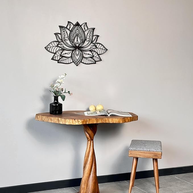 Colorfull Worlds Mandala Metal Wall Decor, Lotus Flower Meditation Room Decor, Minimalist Zen Garden Bohemian Gift for New Year (36" x 23" | 91 x 59 cm, Black)