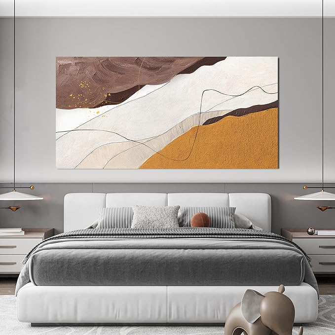 Canvas Abstract Wall Art Decor Minimalist White Wall Art Prints Abstract Canvas Art Wall Decor Large Modern Brown Wall Art Decorations Oversized Artwork for Walls Bedroom Office Wall Art Decor 29" X 58"