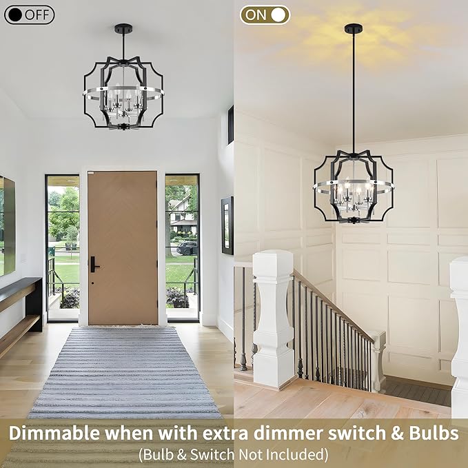 19.7'' Modern Chandelier 6-Light Black and Brushed Nickel Dining Room Light Fixture, Adjustable Industrial Drum Hanging Pendant Lights for Kitchen Island Hallway Entryway Foyer