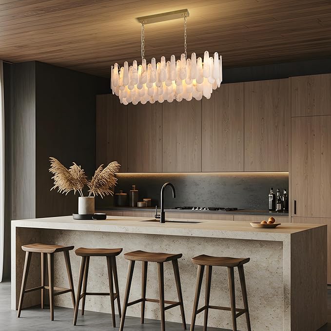 Chandeliers for Dining Room, L47.2 in Modern Alabaster Rectangle Brass Chandelier, 4-Tiers Luxury Natural Stone Ceiling Light Fixture, White Marble Chandeliers for Kitchen Island Living Room Bedroom